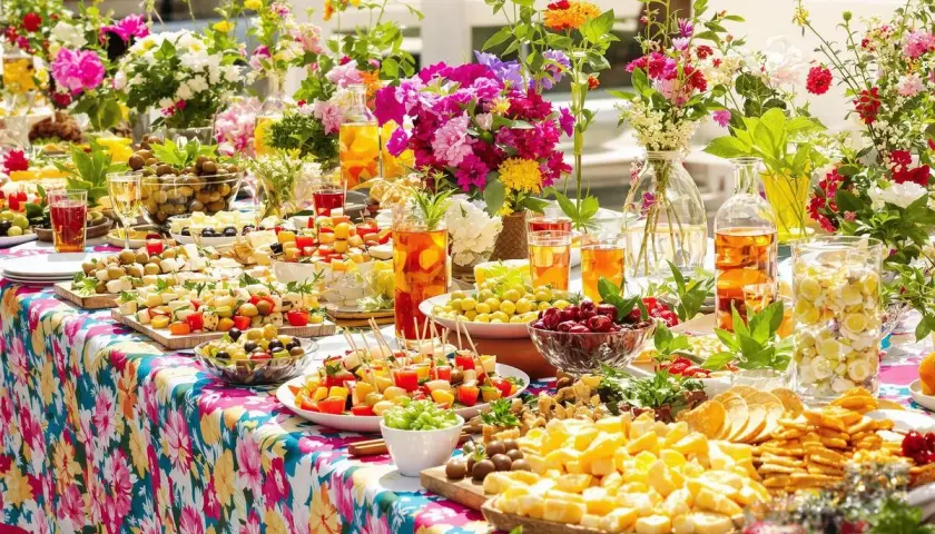 Un buffet coloré avec des brochettes, des fromages, des olives et des fruits, parfait pour une idée repas soirée entre jeunes.