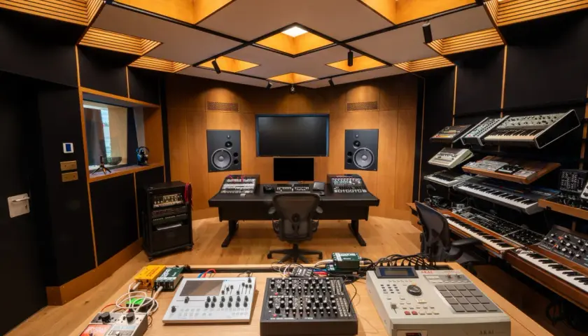Un studio son professionnel avec des synthétiseurs, une console de mixage et des enceintes.