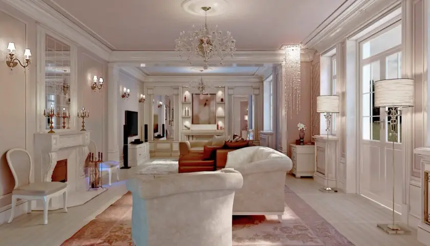 Elegancki salon w stylu glamour z kryształowymi żyrandolami, wygodnymi sofami i kominkiem.
