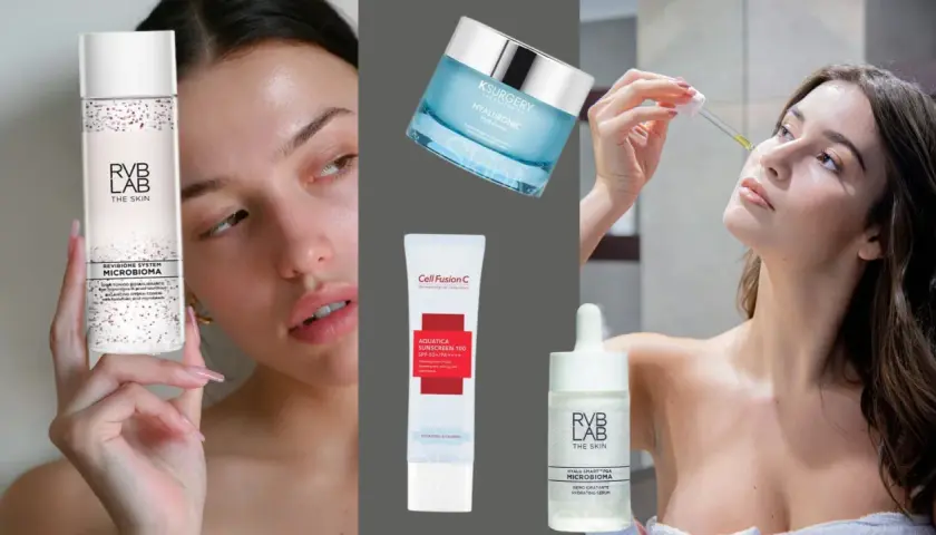 Kobieta stosuje kosmetyki do pielęgnacji, w tym serum i krem, które pomagają łagodzić **skórę reaktywną**.