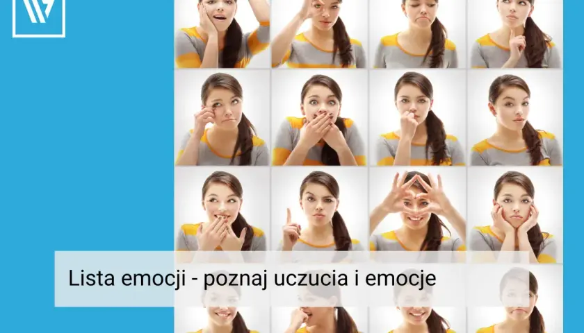 Siatka zdjęć młodej kobiety wyrażającej różne uczucia i emocje: radość, smutek, zdziwienie, złość.