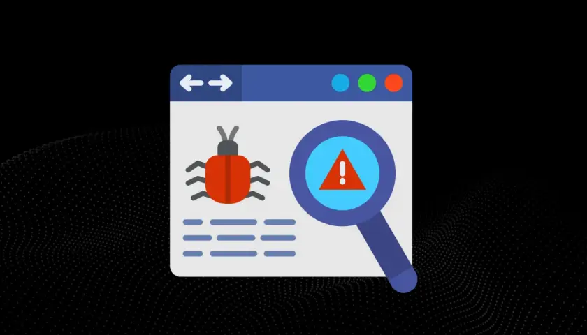 Grafika przedstawia okno przeglądarki z ikoną robaka i lupą wskazującą na ostrzeżenie. To wizualizacja problemu: malware co to jest i jak go wykryć.