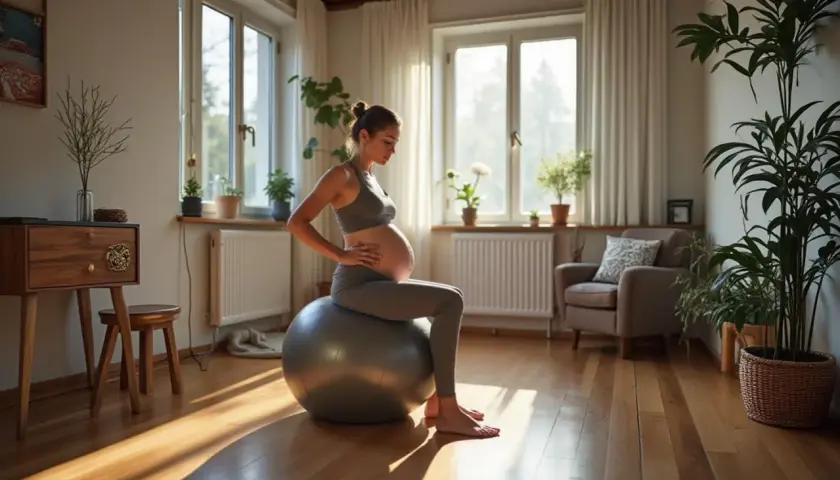 Kobieta w zaawansowanej ciąży wykonuje ćwiczenia na piłce gimnastycznej w słonecznym pokoju. Delikatne światło podkreśla jej brzuszek i spokój.