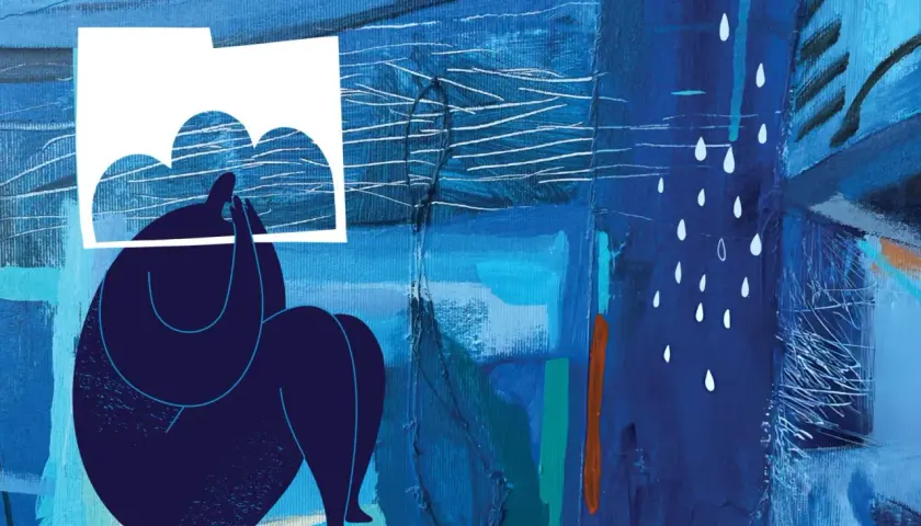 Figura blu rannicchiata, copre il volto con una nuvola bianca, simbolo di attacchi di ansia. Pioggia bianca cade su uno sfondo blu astratto.