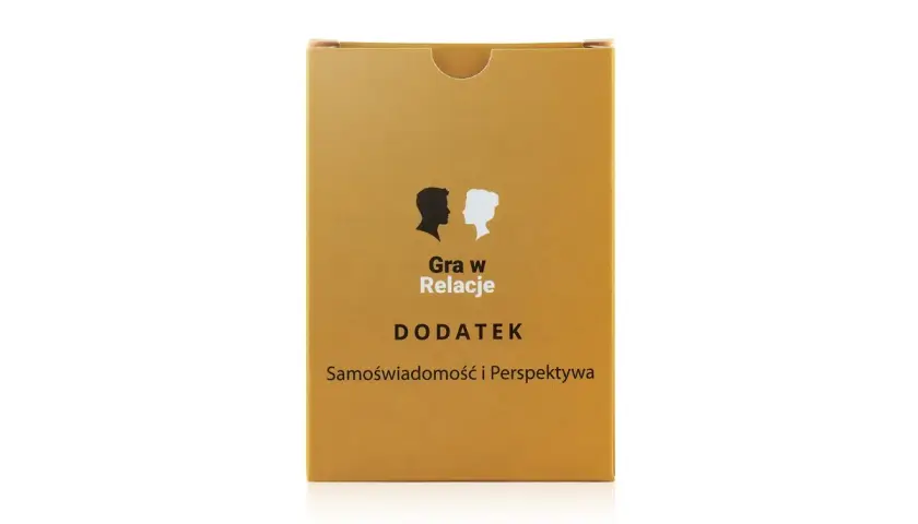 Złote pudełko z napisem "Gra w Relacje DODATEK Samoświadomość i Perspektywa". Idealne gry dla par online, by pogłębić relację.