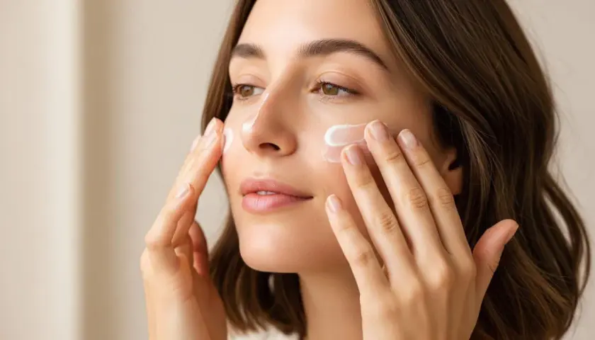 Mujer aplicándose crema facial con phenoxyethanol. Sus manos suaves extienden el producto, dejando la piel radiante y cuidada.