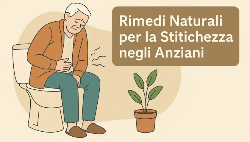 Un anziano seduto sul water, con la mano sull'addome, soffre di stitichezza. Il testo suggerisce rimedi naturali per la stitichezza cronica negli anziani.