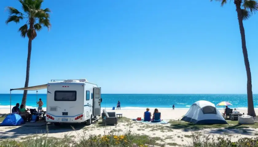Camping-car sur une plage portugaise, idéal pour un budget voyage au Portugal en camping-car. Soleil, mer et détente.