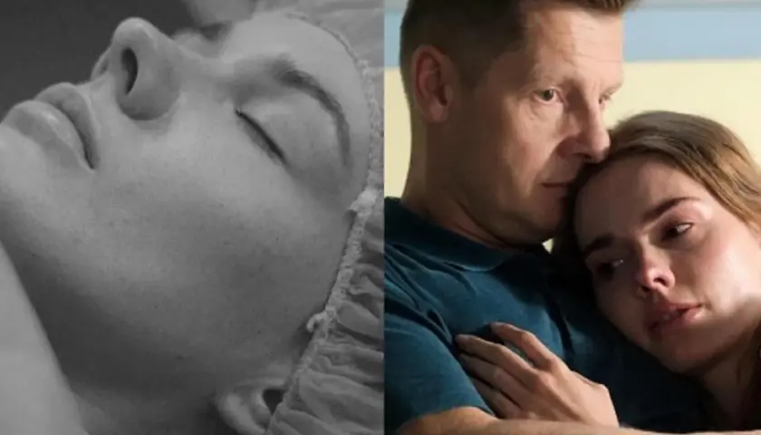 Miłość i śmierć splatają się w dramatycznym uścisku. Kobieta w czepku, jakby w stanie spoczynku, obok mężczyzny tulącego ją z bólem.