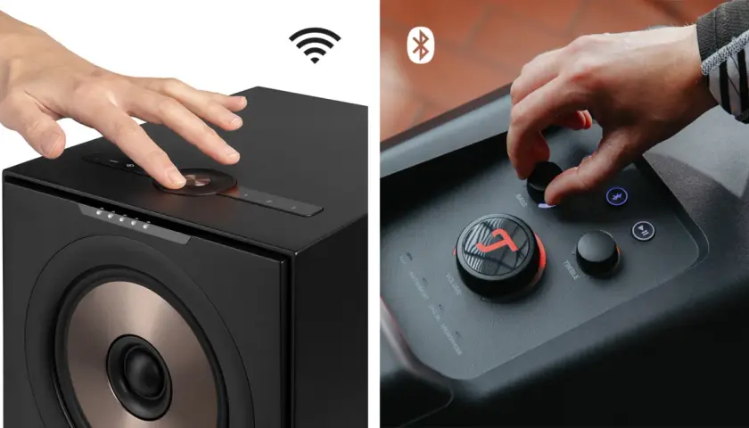 Dwie ręce sterują głośnikami. Jedna dotyka panelu z ikoną Wi-Fi, druga pokrętłami basu i sopranów. To pokazuje, jak łatwo jest używać funkcji airplay.