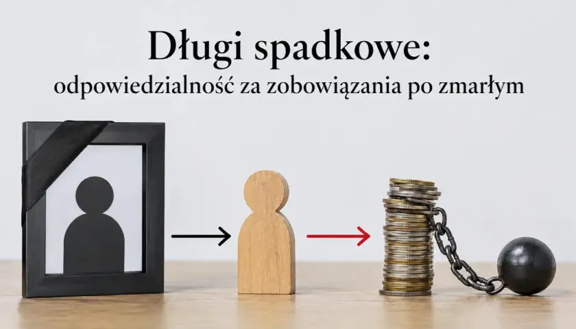 Obrazek symbolizuje długi spadkowe. Czarna ramka ze wstęgą, drewniana figurka i stos monet z kulą u łańcucha. To jak spis inwentarza zobowiązań po zmarłym.
