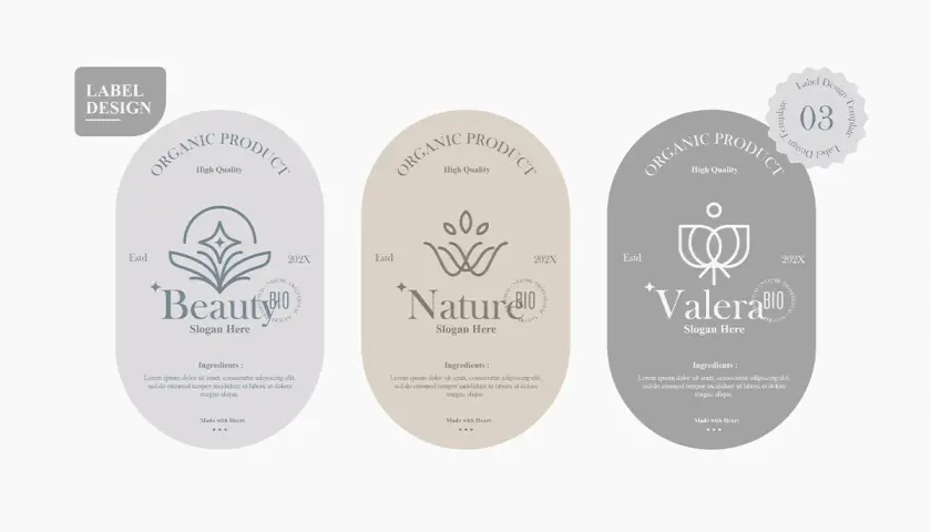 Trzy etykiety produktów organicznych: "Beauty", "Nature" i "Valera". Każda zawiera logo, slogan i listę składników, podkreślając naturalne pochodzenie i wysoką jakość.