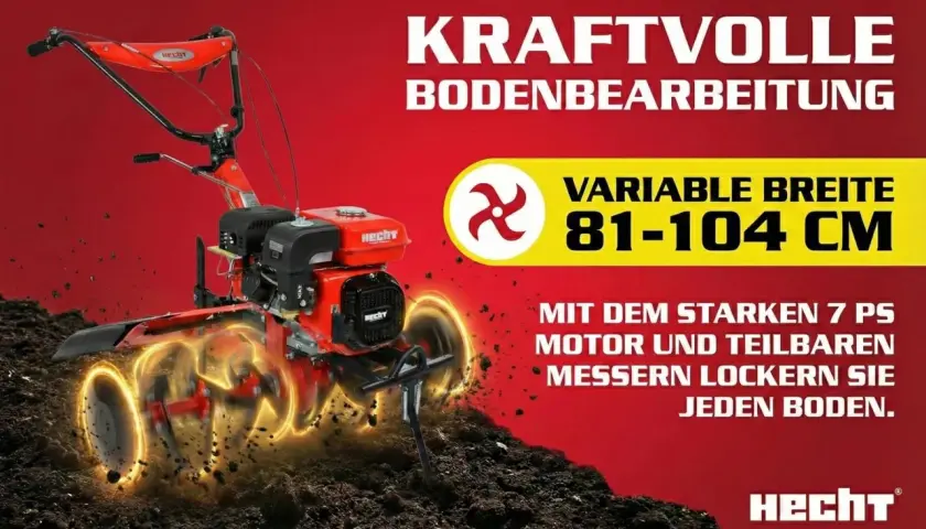 Kraftvolle Bodenbearbeitung mit dem Hecht 7100. Erfahren Sie, wie der 7 PS Motor und die teilbaren Messer jeden Boden lockern. Variable Breite 81-104 cm.