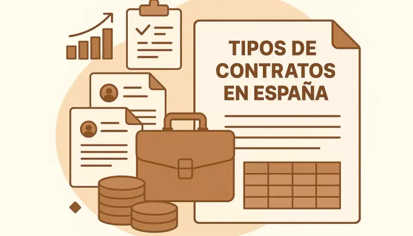 Documentos, maletín y monedas ilustran qué tipos de contratos hay en España, con gráficos de barras y listas.