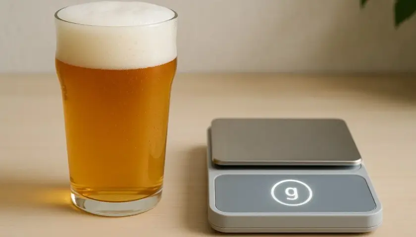 Un verre de bière ambrée avec une mousse épaisse à côté d'une balance numérique. La balance affiche le symbole "g", suggérant une mesure pour savoir 1 bière = combien de grammes d'alcool.