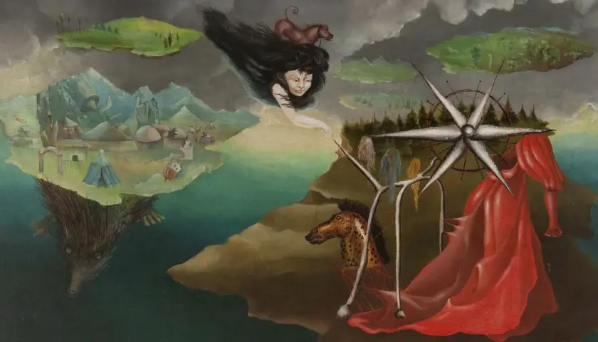 Paysage onirique d'artistes surréalistes : une tête de femme aux longs cheveux noirs flotte, un cheval tacheté, une robe rouge et une créature aquatique étrange.