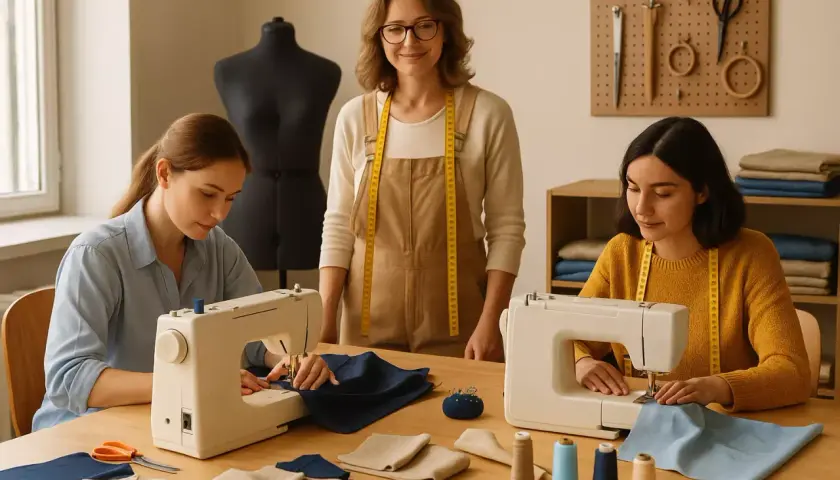 Trois femmes apprennent la couture dans un atelier. L'une d'elles, l'instructrice, sourit.