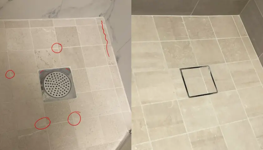 Före och efter bild på ett badrumsgolv där man ska byta golvbrunn. Den gamla brunnen är borttagen och en ny, modernare, är installerad.