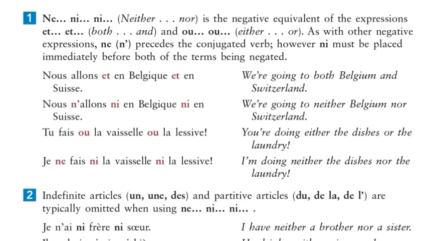 Lezione di francese su "ne... ni... ni..." (né... né...). Esempi: "Non faccio né i piatti né il bucato.