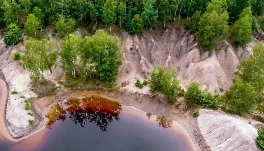 Widok z lotu ptaka na krajobraz przypominający łuk mużakowa z kosmosu, z wodą i drzewami.