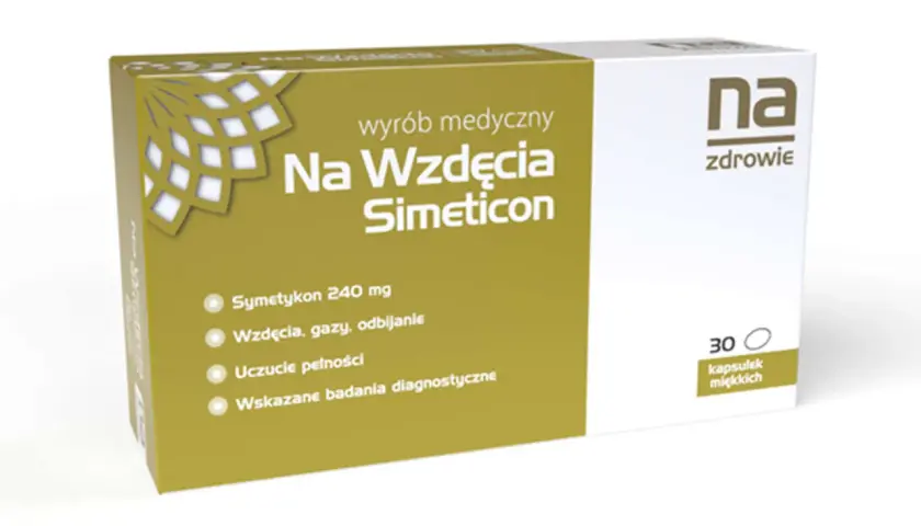 Opakowanie leku "Na Wzdęcia Simeticon" - najskuteczniejszy lek na wzdęcia, zawiera 30 kapsułek miękkich.