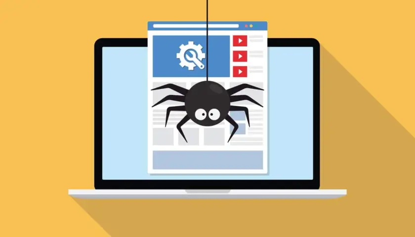 Grafika pokazuje pająka indeksującego stronę internetową na laptopie. Dowiedz się, jak sprawdzić, czy strona jest zaindeksowana.