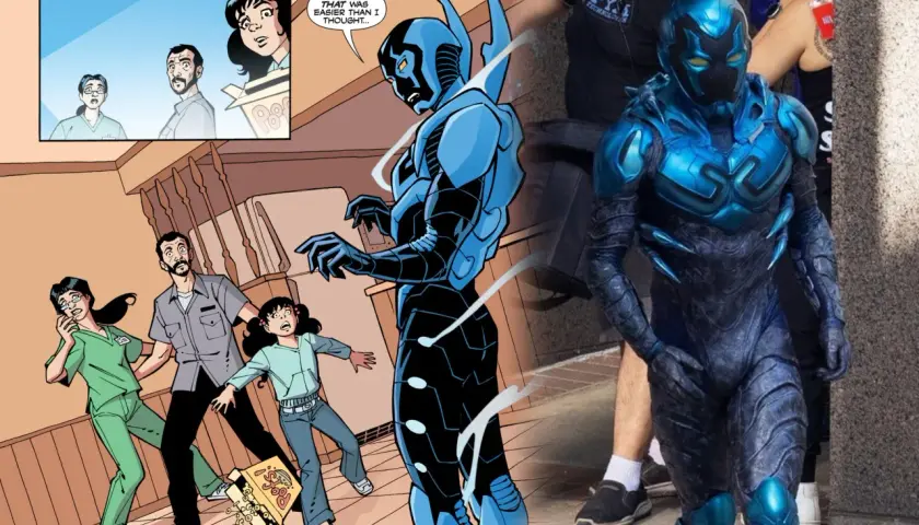 Il fumetto mostra una famiglia spaventata da Blue Beetle, mentre una foto reale rivela il costume. Le recensioni di Blue Beetle sono positive.