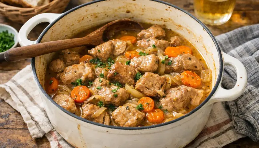 Un réconfortant sauté de porc mijoté avec des carottes et des oignons, garni de persil frais. Un plat parfait pour un repas convivial.