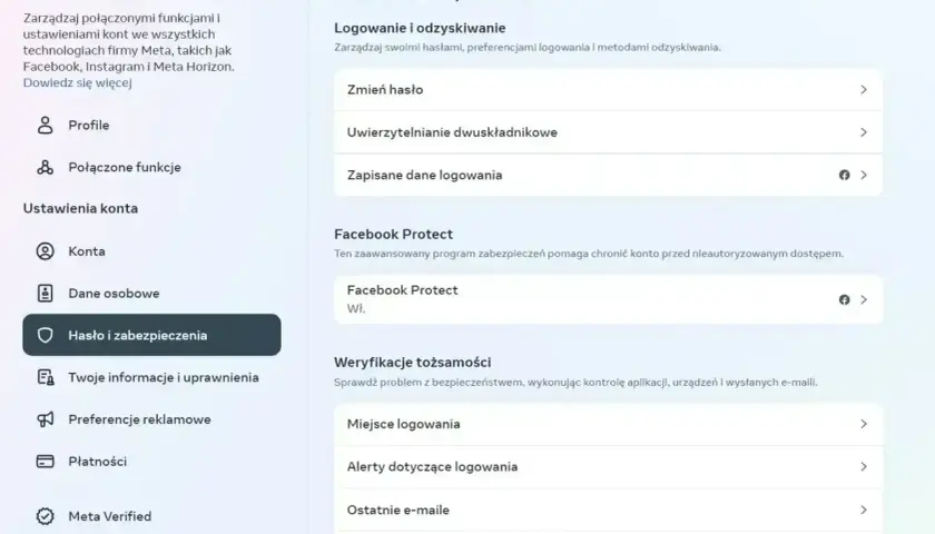 Ustawienia konta Meta: Hasło i zabezpieczenia, w tym logowanie i odzyskiwanie, uwierzytelnianie dwuskładnikowe, zapisane dane logowania, Facebook Protect, weryfikacje tożsamości, miejsca logowania, alerty dotyczące logowania.