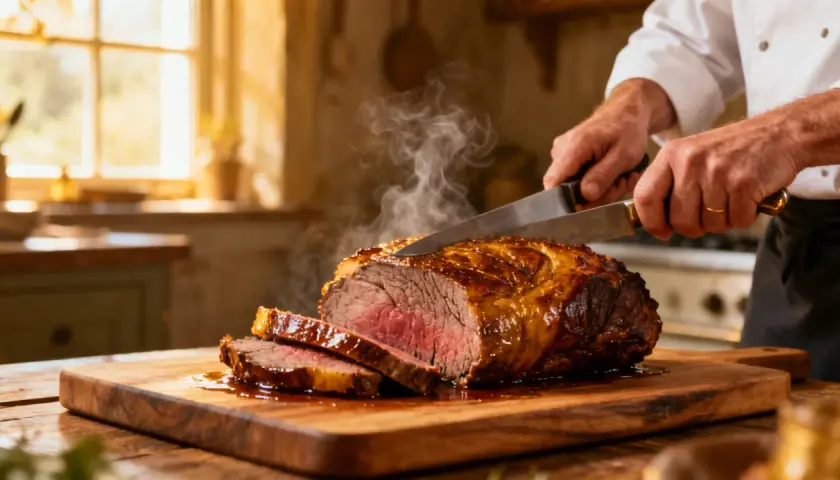 Un chef tranche un roti de boeuf juteux et fumant sur une planche en bois. La viande est rosée à cœur, avec une croûte dorée et appétissante.