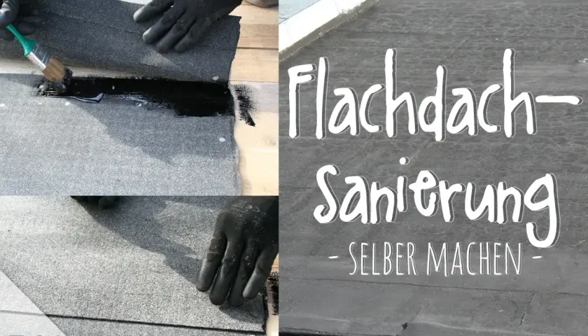 Schritt-für-Schritt-Anleitung zum Flachdach erneuern: Hände mit Handschuhen tragen Bitumen auf die Dachbahnen auf.