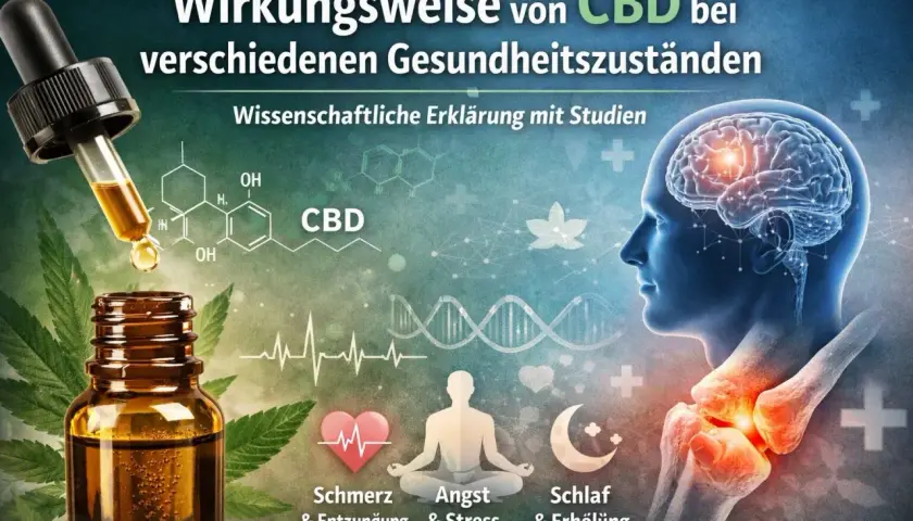 CBD-Öl-Flasche mit Pipette, Gehirn, Knochen und Symbolen für Schmerz, Angst und Schlaf. Die Grafik zeigt, dass CBD entzündungshemmend wirkt.