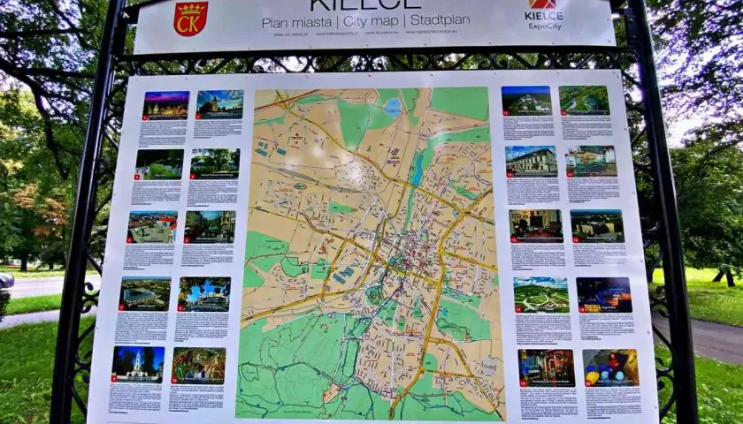 Mapa Kielc z atrakcjami, w tym z malowniczym jeziorem szmaragdowym.
