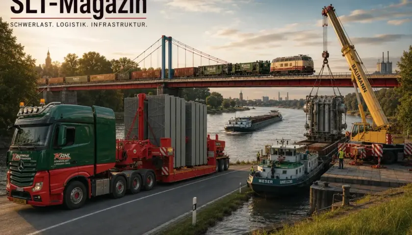 Ein gelber Kran hebt eine schwere Last von einem Schiff. Ein Zug fährt über eine Brücke, während ein LKW mit Spezialtransport am Ufer wartet. So wird schwere Last transportiert.