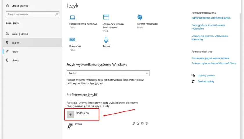 Ustawienia Windows 7 zmiana języka. Widok panelu "Język" z opcją dodania nowego języka.