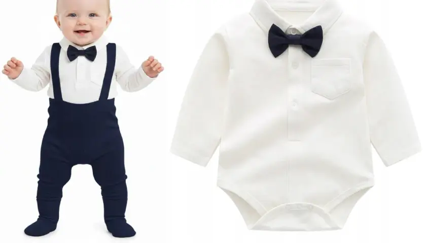 Uśmiechnięty chłopiec w eleganckim body z kołnierzykiem i granatowymi szelkami. Obok pokazano samo body.