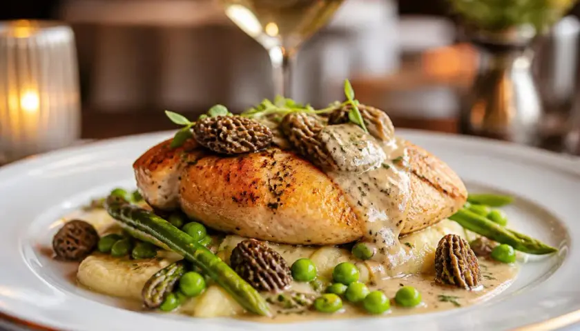 Un plat raffiné de ce type de volaille, garni de morilles, d'asperges et de purée.