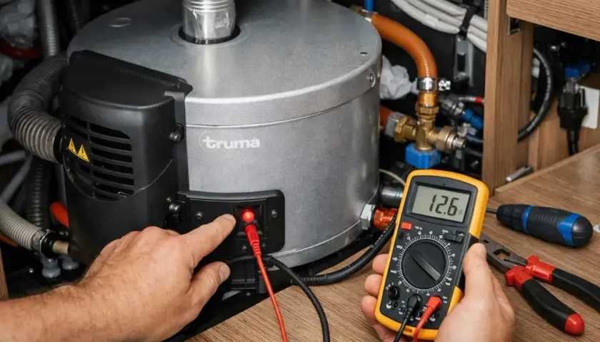 Maintenant, je vérifie le voltage du chauffe-eau de mon camping-car.