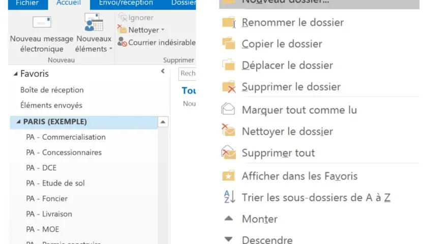 Interface d'un logiciel de messagerie montrant comment classer ses mails avec des dossiers et des options de gestion.