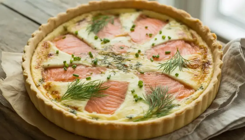 Une délicieuse quiche au saumon, garnie d'aneth frais et de ciboulette, prête à être dégustée.