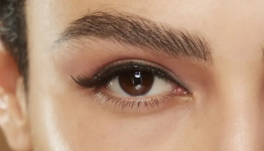 Närbild på ett brunt öga med perfekt trådade ögonbryn, dramatisk eyeliner och voluminösa fransar.