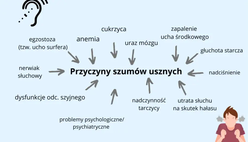 Schemat przedstawia przyczyny szumów usznych, m.in. cukrzycę, anemię, uraz mózgu, nadciśnienie, utratę słuchu na skutek hałasu.