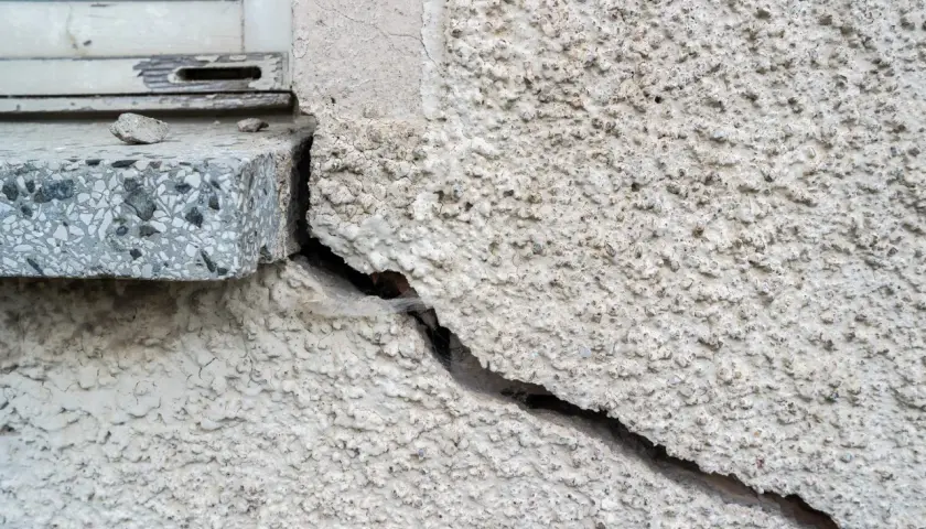 Ein großer Riss im Putz neben einem Fensterbrett. Die Rissverpressung Kosten sind hier ein wichtiges Thema für Hausbesitzer.