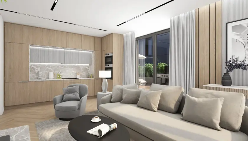 Nowoczesny salon z aneksem kuchennym, idealny dla pekabex development. Jasne drewno, szare tekstylia i duży balkon tworzą przytulną przestrzeń.