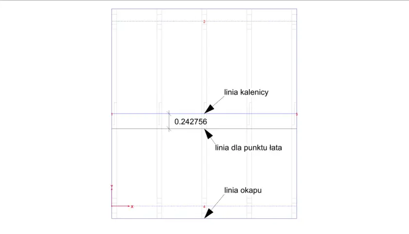 Schemat dachu z zaznaczonym rozstawem łat pod blachodachówkę. Widać linię kalenicy, okapu i punktu łaty.