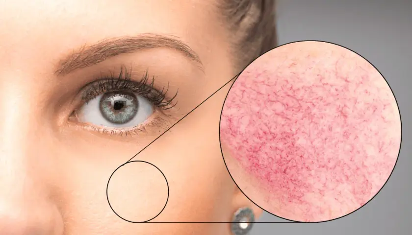 Primer plano de ojo y mejilla, con un círculo que muestra la piel con rojeces y vasos sanguíneos visibles, indicando posible demodex cara.