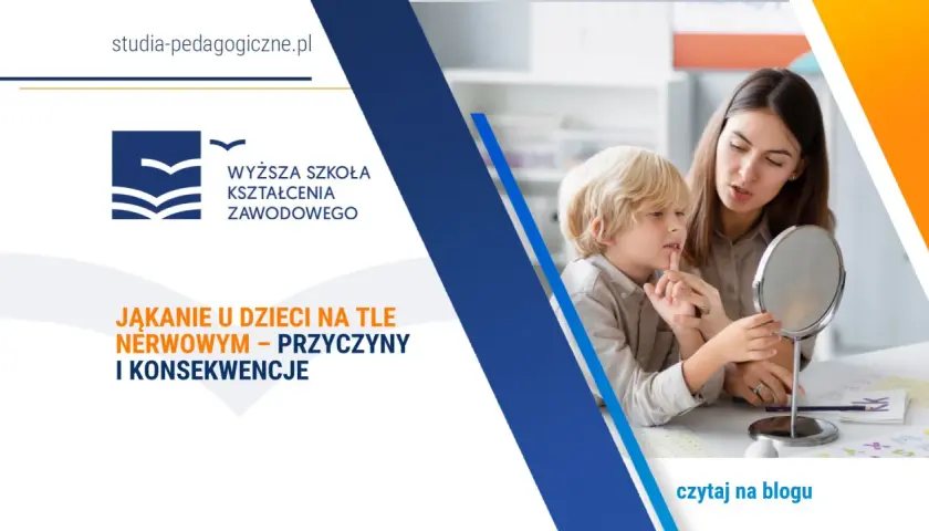 Terapeutka pomaga chłopcu z jąkaniem ćwiczyć artykulację przed lusterkiem.