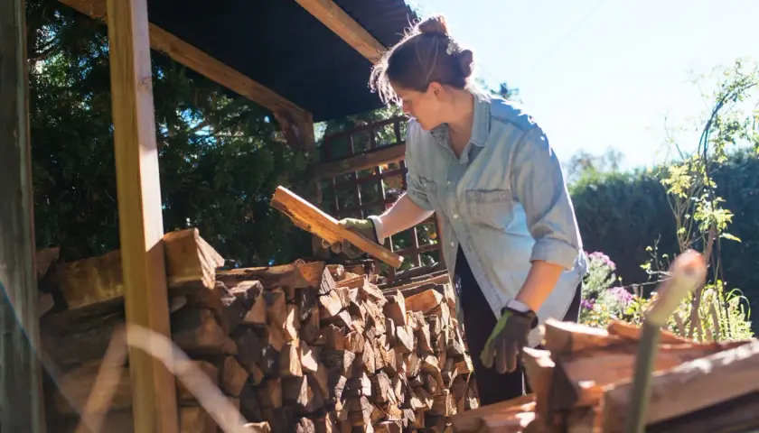 Femme avec des bûches de bois sous un abri.
