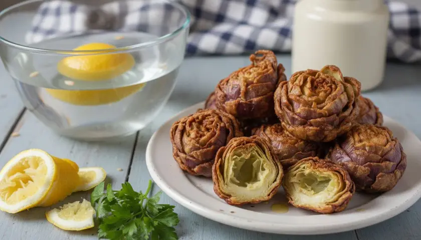 Artichauts frits dorés, un délice d'artichaut à la romaine, servis avec des citrons et du persil frais.