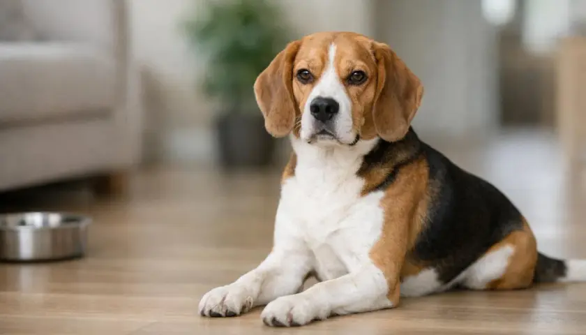 Uroczy beagle leży na podłodze, obok miski. Jego waga jest idealna, co widać po zgrabnej sylwetce.